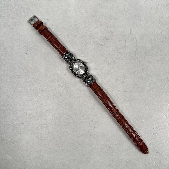 Womens Watch 20mm Oval Hearts Silver Tone Brown Band Western Cowgirl New Battery - Picture 4 of 10